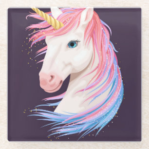 Niedliche Einhorn, goldene Hornillustrierung. Glasuntersetzer