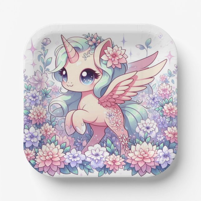 Niedliche Einhorn-Kinderdusche Pappteller (Vorderseite)