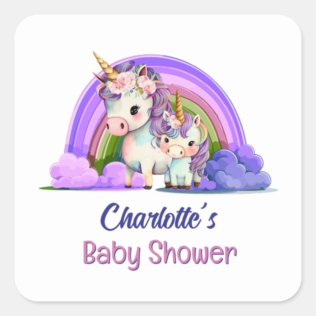 Niedliche Einhorn-Kinderdusche Quadratischer Aufkleber (Vorderseite)