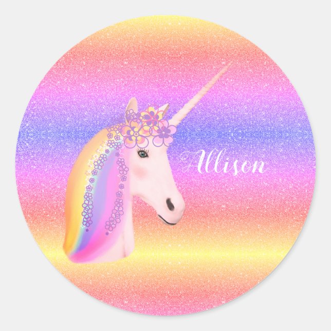 Niedliche Einhorn-Regenbogen-Glitzer-Glitzern Pers Runder Aufkleber (Vorderseite)