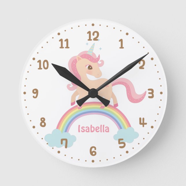 Niedliche Einhorn-Regenbogenmädchen Zimmerdekor Wa Runde Wanduhr (Vorderseite)