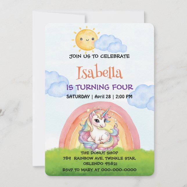 Niedliche Einhorn Regenbogensonne Himmel Geburtsta Einladung (Vorderseite)