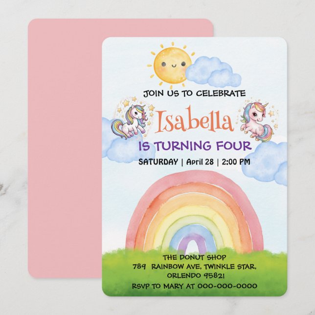 Niedliche Einhorn Regenbogensonne Himmel Geburtsta Einladung (Vorne/Hinten)