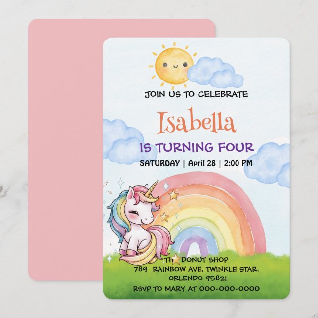 Niedliche Einhorn Regenbogensonne Himmel Geburtsta Einladung (Vorne/Hinten)