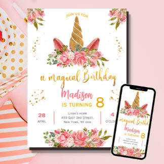 Niedliche Einhorn Rosa Aquarell Geburtstagsparty Einladung