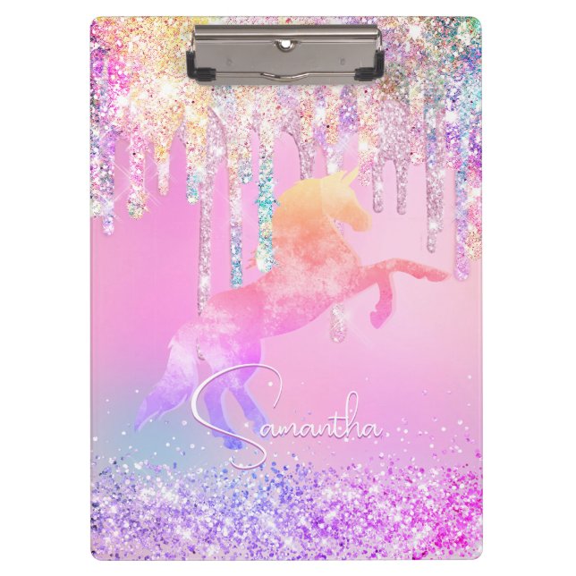 Niedliche Einhorn-Rosa Glitzer Regenbogen-Tropfen  Klemmbrett (Vorderseite)