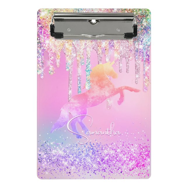 Niedliche Einhorn-Rosa Glitzer Regenbogen-Tropfen  Mini Klemmbrett (Vorderseite)