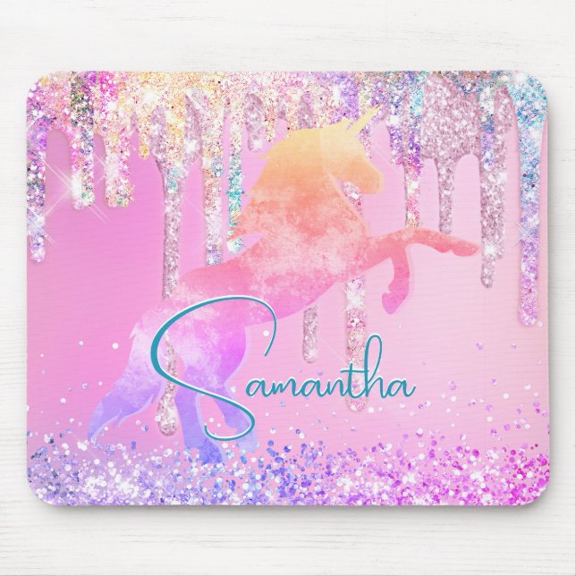 Niedliche Einhorn-Rosa Glitzer Regenbogen-Tropfen  Mousepad (Vorne)