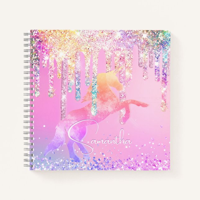Niedliche Einhorn-Rosa Glitzer Regenbogen-Tropfen  Notizbuch (Vorderseite)