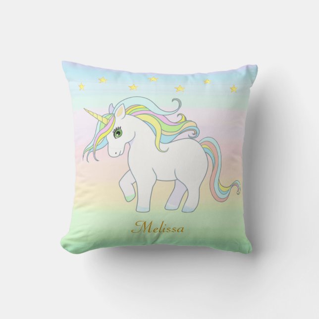 Niedliche Einhorn & Sterne auf Pastellfarben Kissen (Vorderseite)