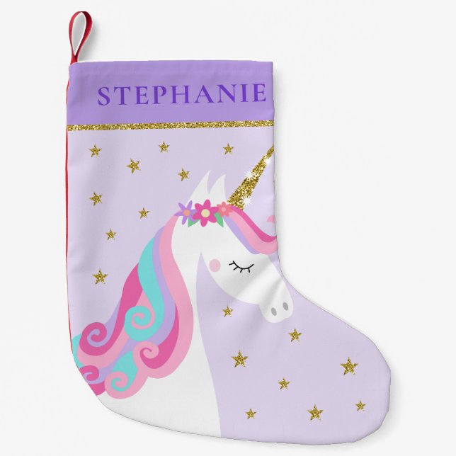 Niedliche Einhorn-Sterne-Glitzer Lila Kleiner Weihnachtsstrumpf (Vorderseite)