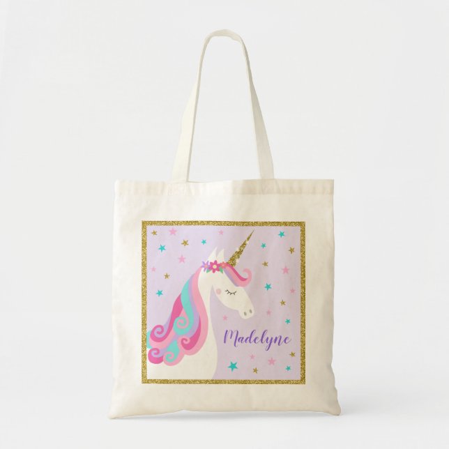 Niedliche Einhorn-Sterne-Glitzer Lila Tragetasche (Vorne)