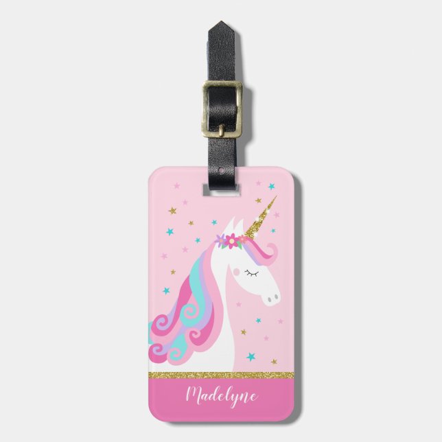 Niedliche Einhorn Sterne Glitzer Rosa Gepäckanhänger (Vorderseite vertikal)