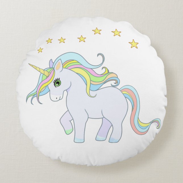 Niedliche Einhorn & Sterne Rundes Kissen (Vorderseite)
