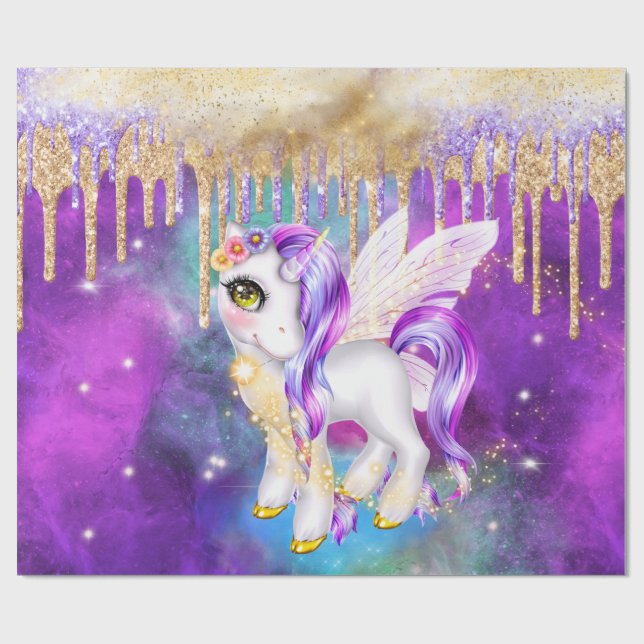Niedliche Einhorn-Zaubermädchen aus Glitzer-Pony Geschenkpapier (Flach)