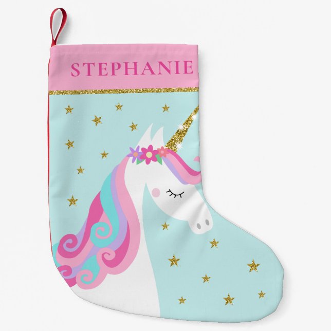 Niedliche Einhornbahn Glitzer Aqua Kleiner Weihnachtsstrumpf (Vorderseite)