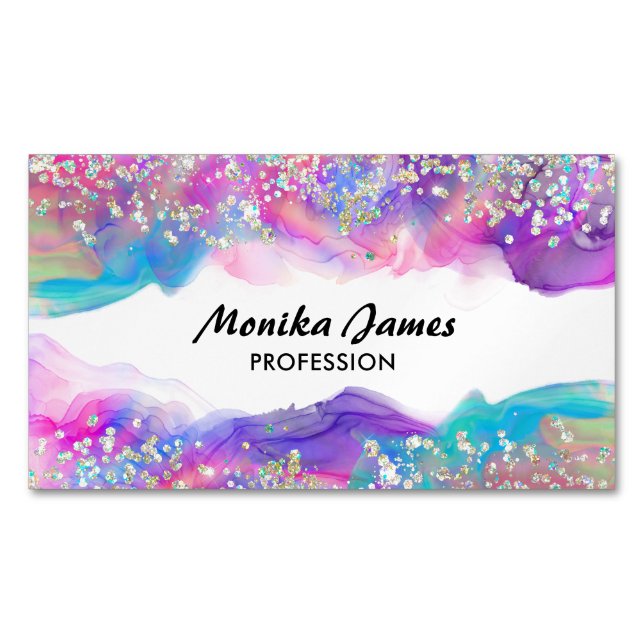 Niedliche Einhornfarben-Holografen-Imitat-Glitzer  Magnetische Visitenkarte (Vorderseite)