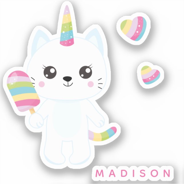 Niedliche Einhornkatze mit Regenbogenherzen Aufkleber (Vorderseite)
