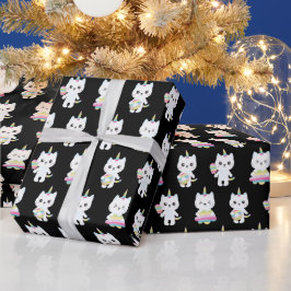 Niedliche Einhornkatzen Schwarze Muster Geschenkpapier