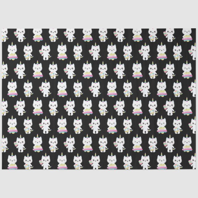 Niedliche Einhornkatzen Schwarze Muster Seidenpapier (Vorderseite)