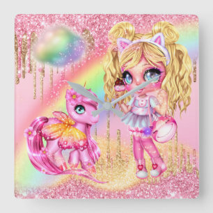 Niedliche Einhornmärchen-Fee Regenbogen-Glitzer-Fa Quadratische Wanduhr