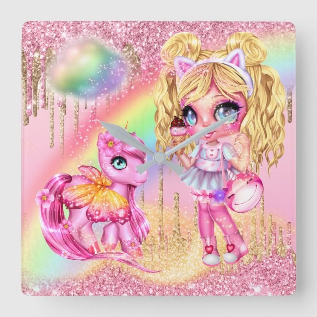 Niedliche Einhornmärchen-Fee Regenbogen-Glitzer-Fa Quadratische Wanduhr (Vorderseite)