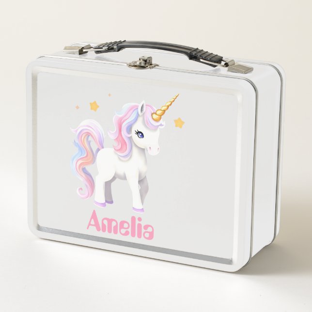 Niedliche Einhornwasserfarbe Einhornsterne Metall Brotdose (Vorderseite)