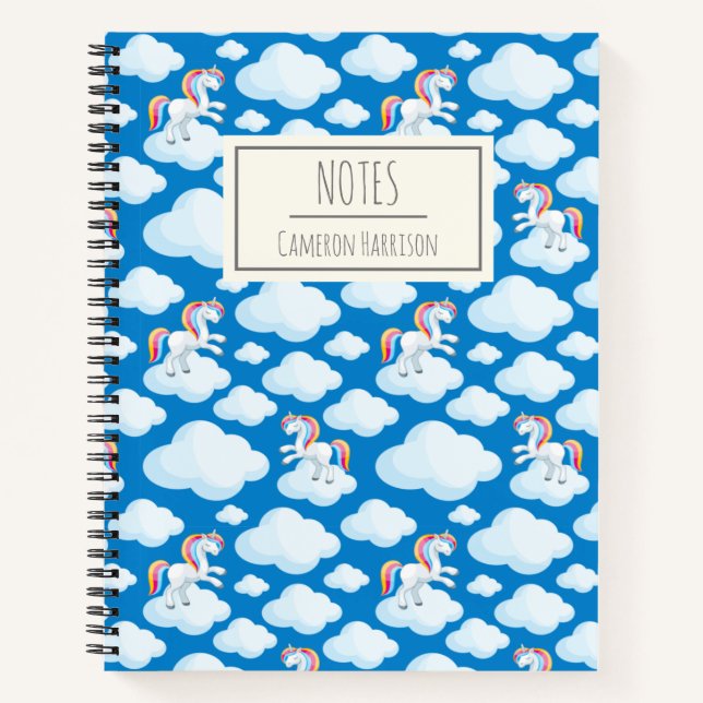 Niedliche Einhornwolken Whimsical Blau Personalisi Notizbuch (Vorderseite)