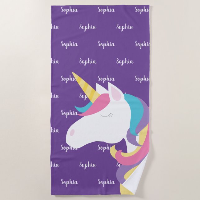 Niedliche Einicorn Lila Personalisierte Kinder Strandtuch (Vorderseite)