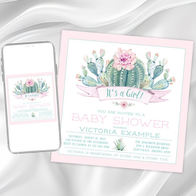 Niedliche Einladungen für Kindermädchen (Girl cactus baby shower invitation. Instant download and printed invitations available.)
