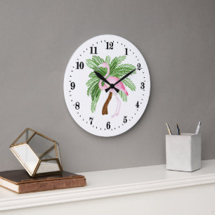 Niedliche Einrichtung am Strand in rosa Flamingo Große Wanduhr