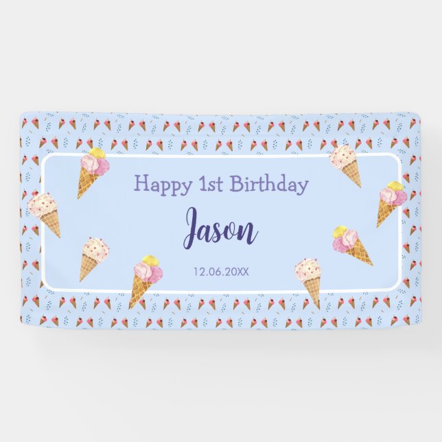 Niedliche Eiscreme Cone Blue Kinder Junge Geburtst Banner (Horizontal)