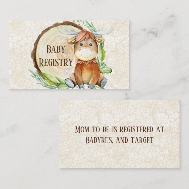 Niedliche Elch Greenery Wood Slice Baby Registry Visitenkarte (Vorne/Hinten)