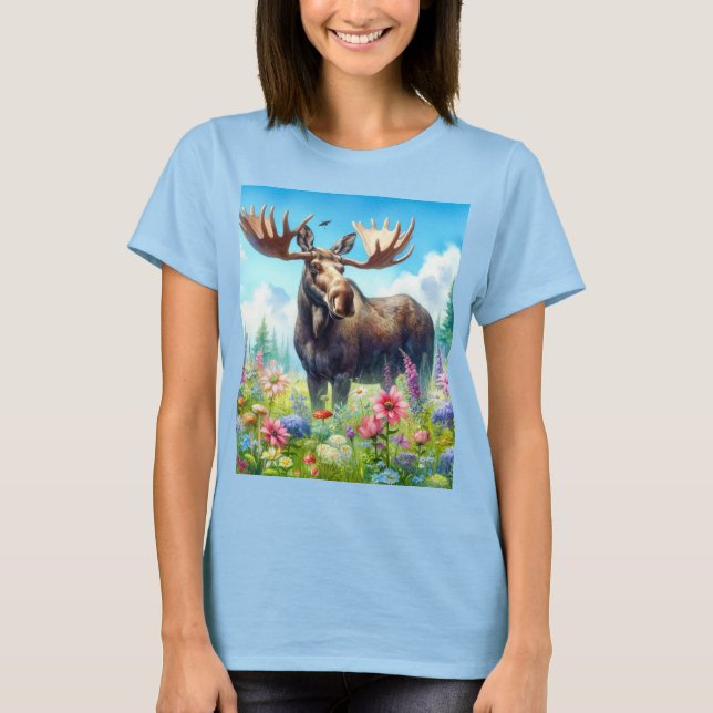 Niedliche Elche und Wildblumen T - Shirt (Vorderseite)
