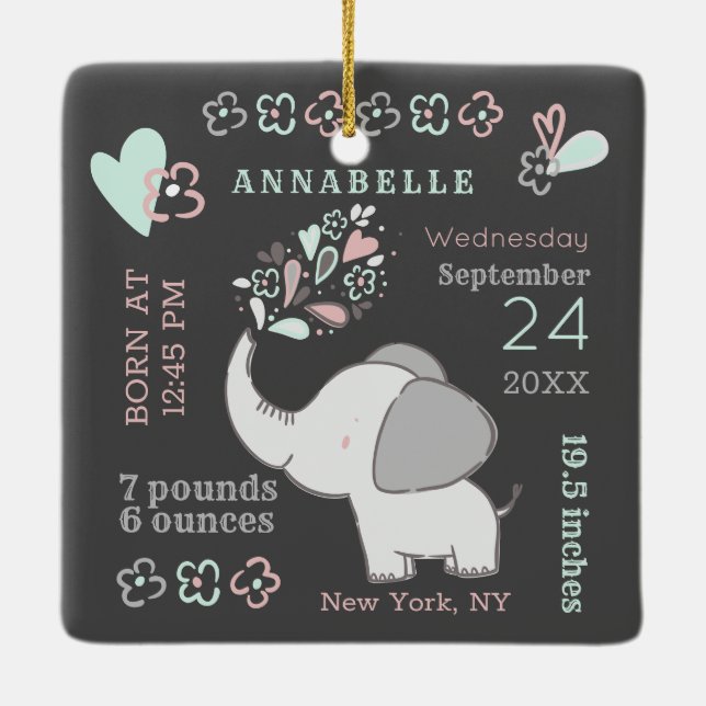 Niedliche Elefant Birth Stats Baby's First Christm Keramikornament (Rückseite)