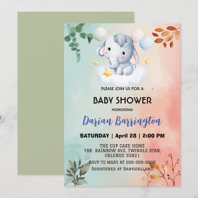 Niedliche Elefant Cam Blume Babydusche Jungs Einladung (Vorne/Hinten)