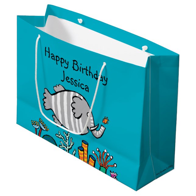 Niedliche Elefant-Fisch-Szene mit Koralle Große Geschenktüte (Vorderseite Schrägansicht)
