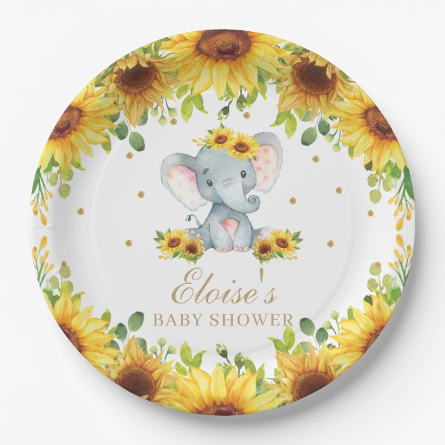 Niedliche Elefant Sonnenblume Babydusche Geburtsta Pappteller (Vorderseite)