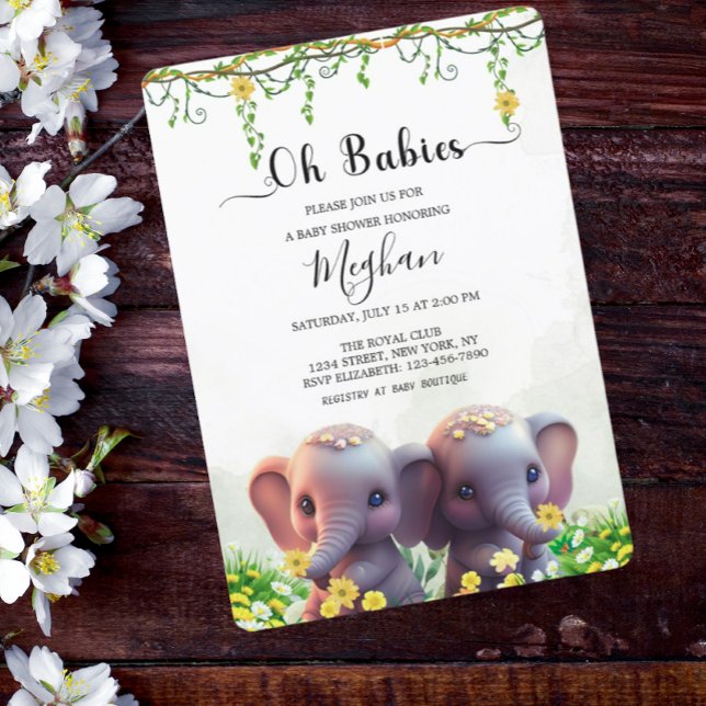 Niedliche Elefant Twins Baby Dusche Blumengrün Einladung (Von Creator hochgeladen)