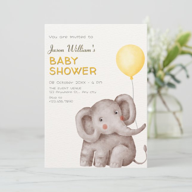 Niedliche Elefant- und Ballonbabydusche Einladung (Stehend Vorderseite)