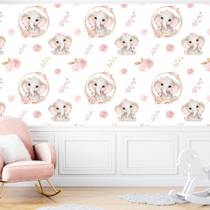 Niedliche Elefant White Pink Floral Girl Tapete