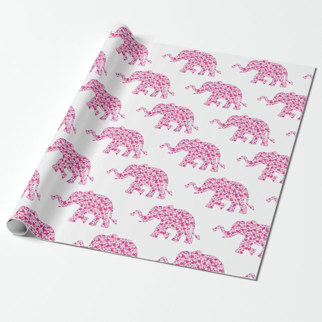 Niedliche Elefanten aus kleinen rosa Herzen Geschenkpapier (Ungerollt)