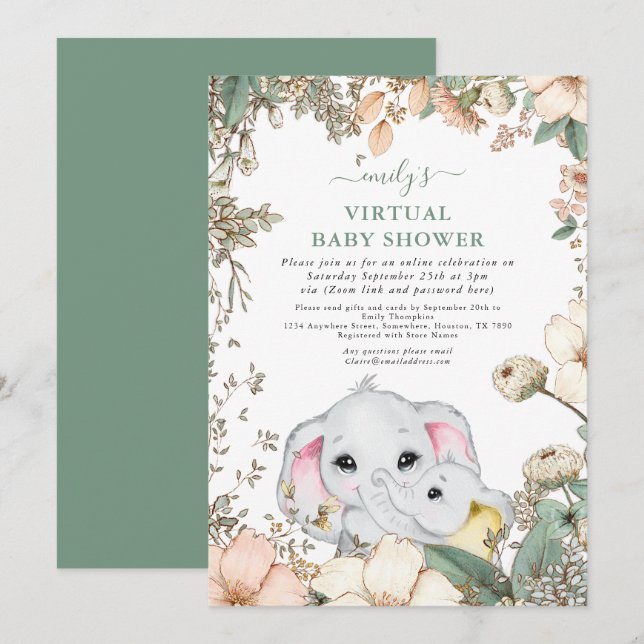Niedliche Elefanten Foliage Virtual Baby Dusche Einladung (Vorne/Hinten)