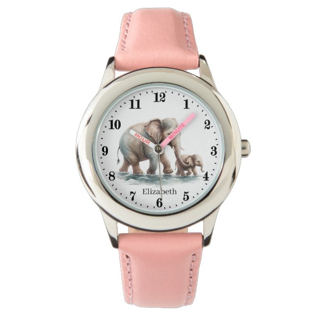 Niedliche Elefanten geben Mädchen Namen Armbanduhr (Vorderseite)