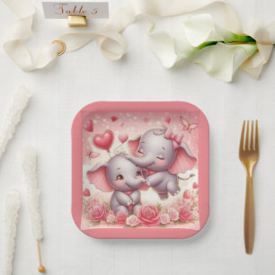 Niedliche Elefanten Hugs Hearts Rose Papier Teller