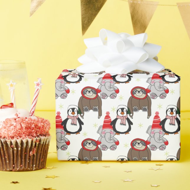 Niedliche Elefanten-, Pinguin- und Schleppmuster Geschenkpapier (Geburtstagsparty)