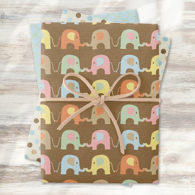 Niedliche Elefanten Polka Dots Brown Blue Baby Dus Geschenkpapier Set (Von Creator hochgeladen)