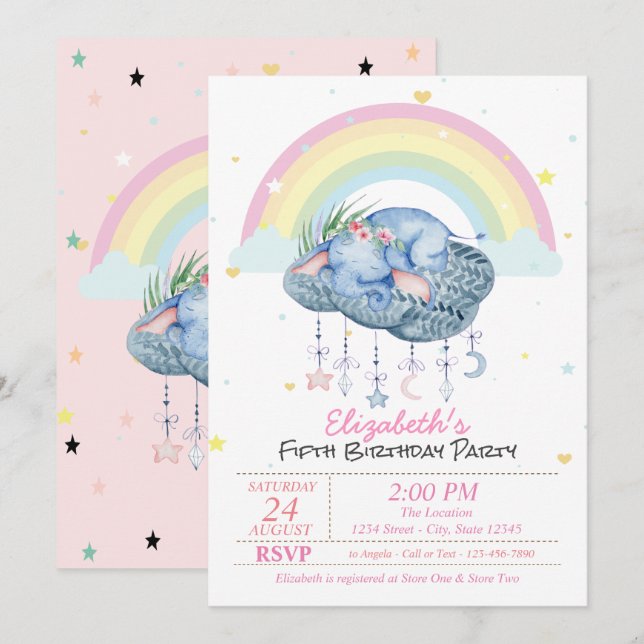 Niedliche Elefanten Rainbow Stars Geburtstag Einladung (Vorne/Hinten)