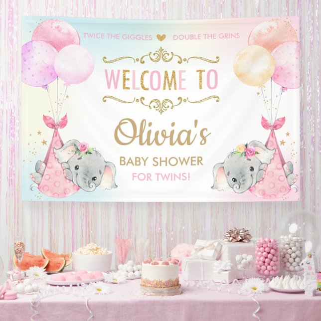 Niedliche Elefanten Twin Girls Babydusche Hintergr Banner (Party)
