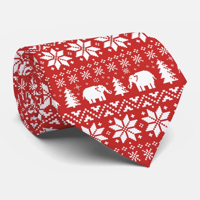 Niedliche Elefanten Weihnachtsmuster Rot und Weiß Krawatte (Gerollt)